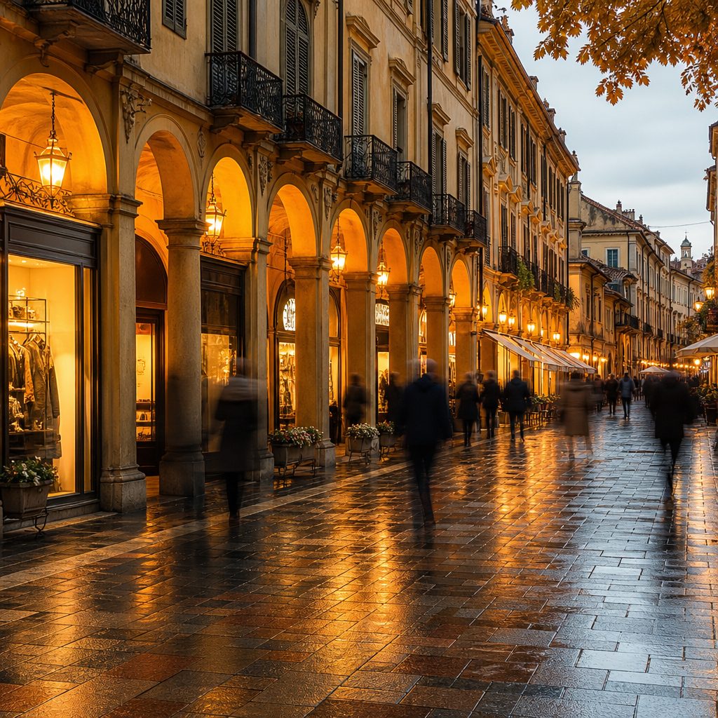 Via porticata di una città piemontese in autunno, vetrine illuminate e pavimentazione bagnata