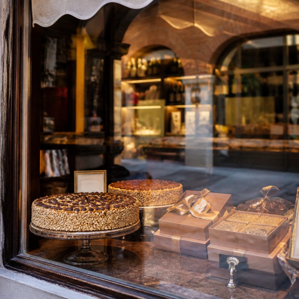 Vetrina di pasticceria con torte alle nocciole e confezioni di dolci, luce calda riflessa sul vetro