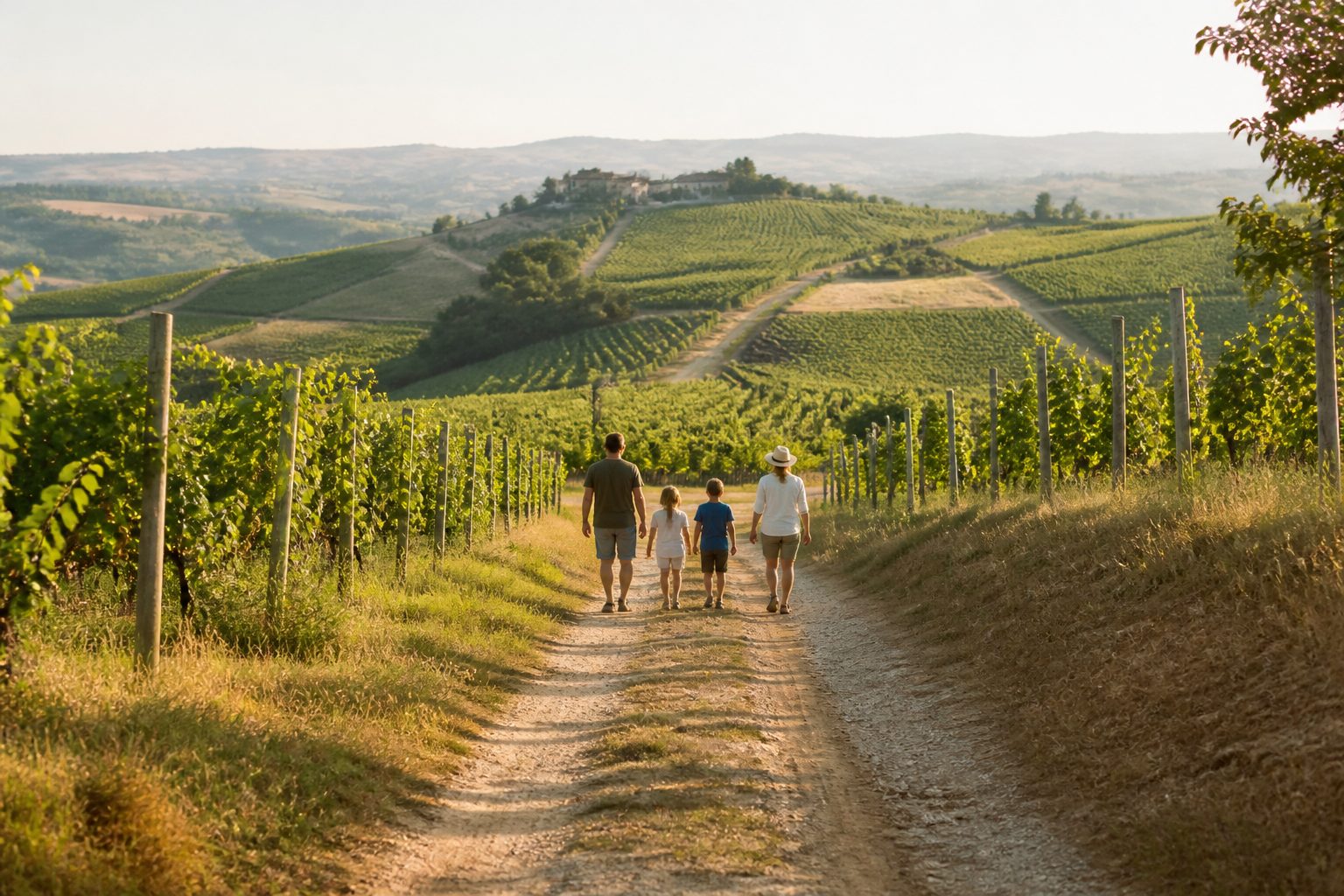 Famiglia che cammina di spalle su una larga strada poderale fra i vigneti in un pomeriggio soleggiato