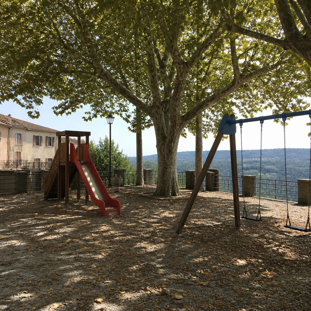 Parco giochi di paese con scivolo e altalene sotto i platani