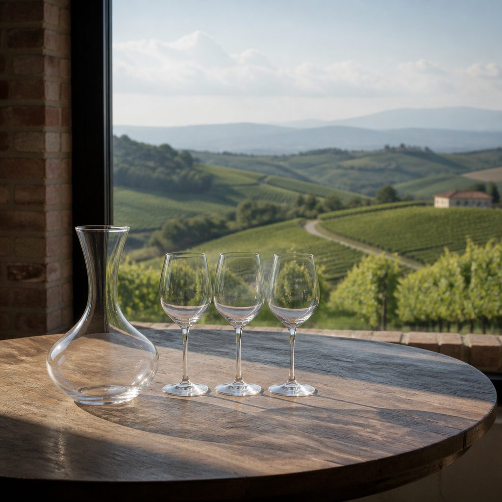 Tavolo da degustazione accanto a una finestra affacciata sui vigneti, con tre calici vuoti e una caraffa