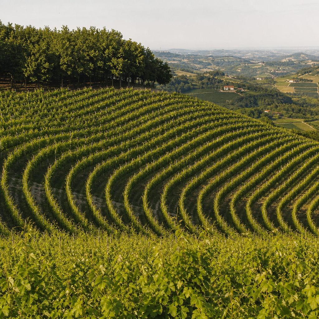 File di vigneto che seguono il fianco di una collina a inizio estate, con un noccioleto sul bordo alto