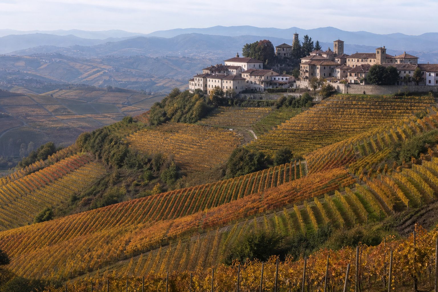 Vigneti terrazzati che scendono sotto un borgo di crinale in ottobre, con file color rame e colline azzurre all'orizzonte