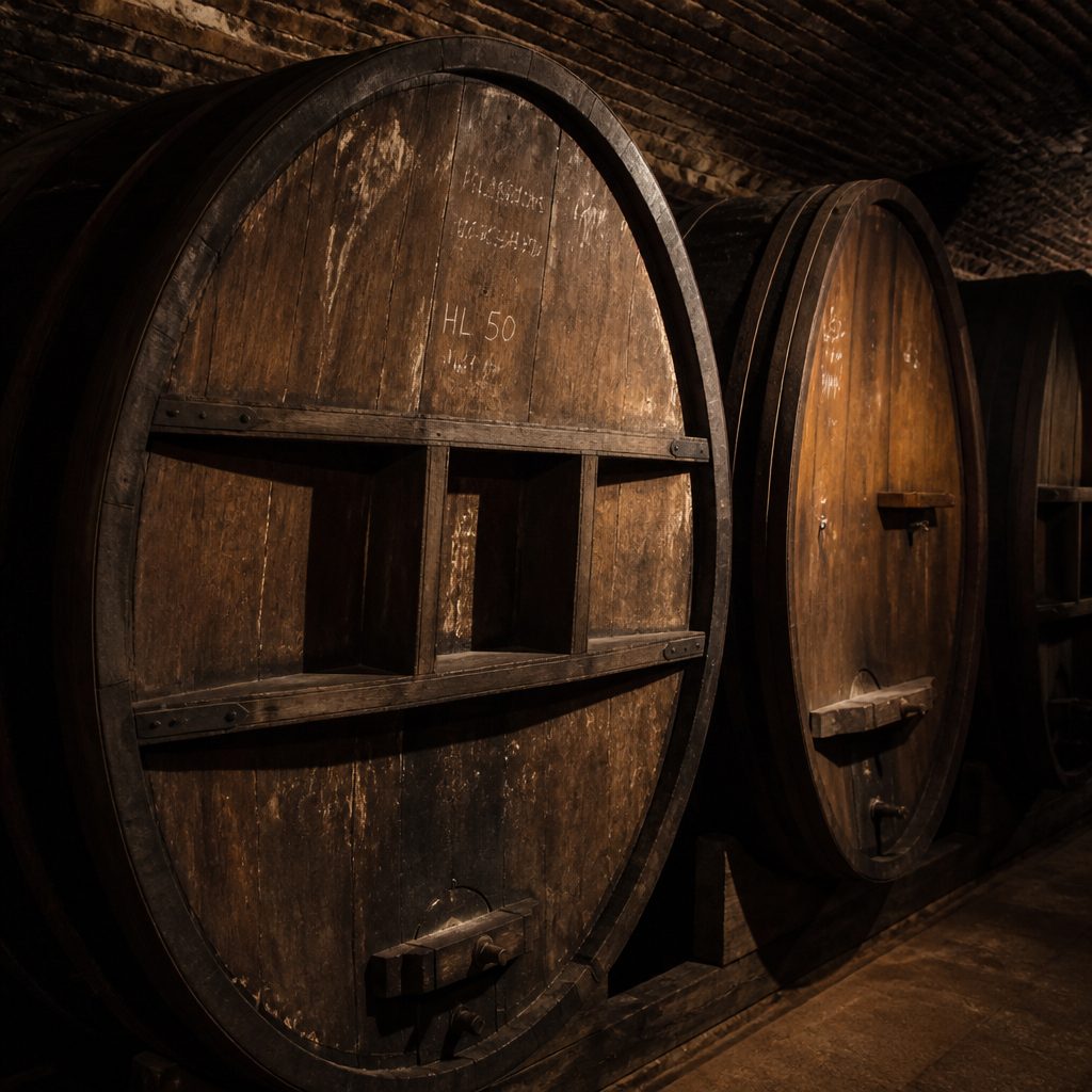 Grandi botti di rovere in una cantina in penombra, cerchi in ferro e scritte a gesso sui fondi