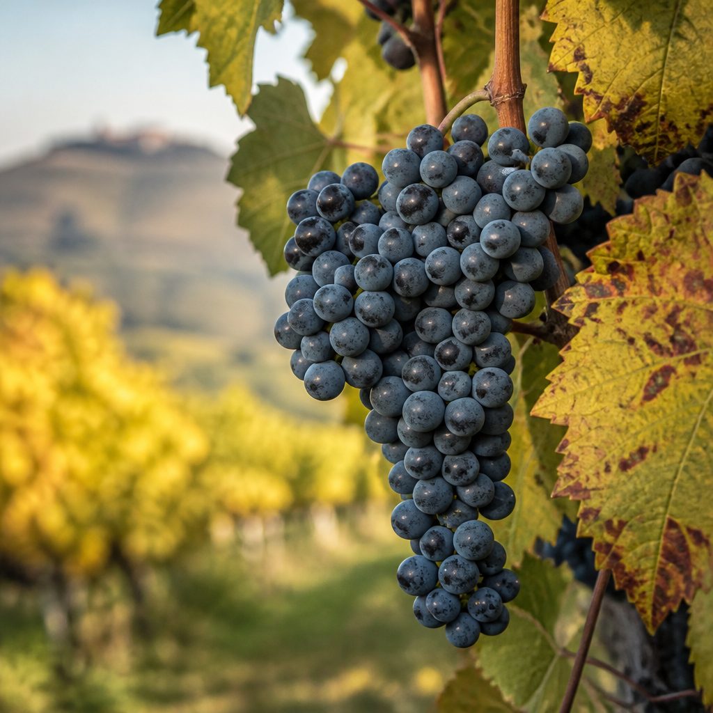 Grappolo di nebbiolo sulla vite alla vendemmia, con pruina sulle bucce scure e foglie ingiallite