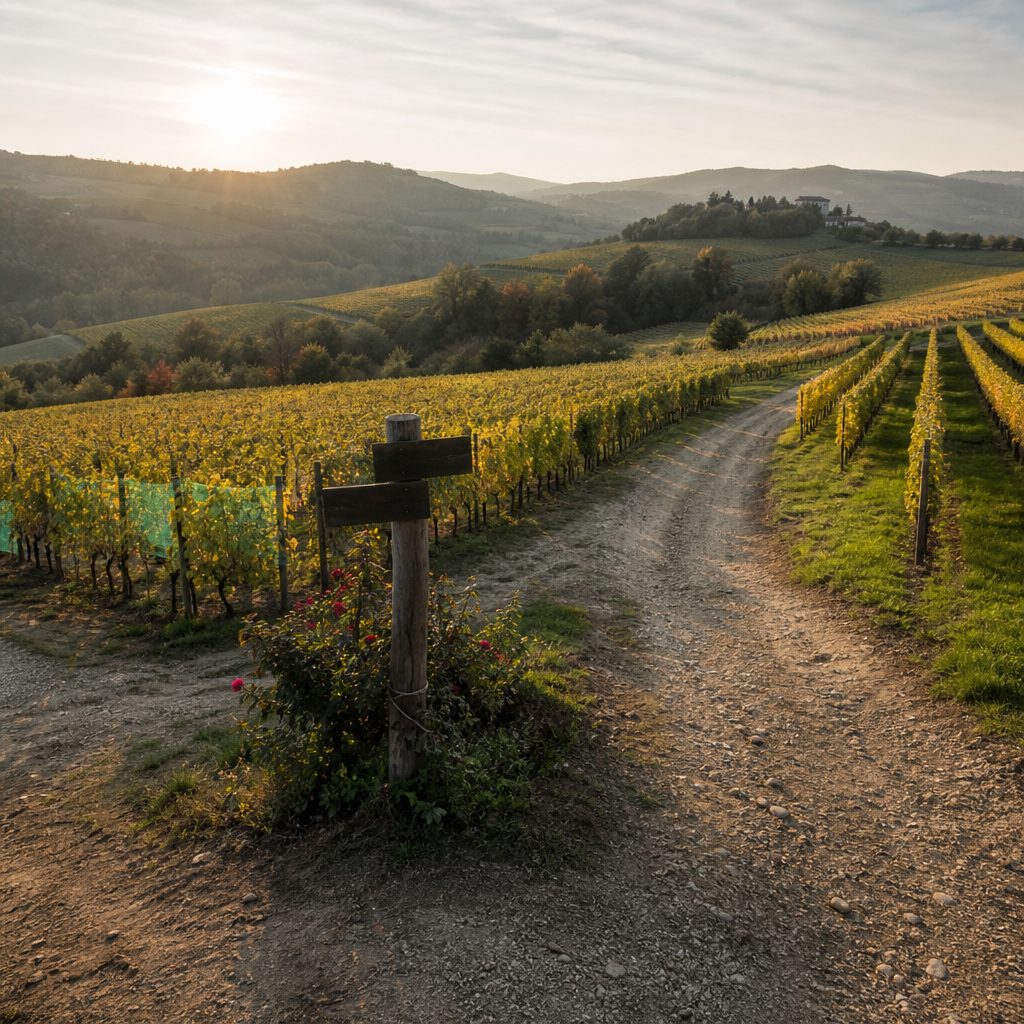 Strada sterrata fra due blocchi di vigneto con un cartello in legno all'incrocio, sole basso d'autunno