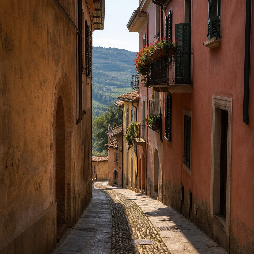 Vicolo stretto in salita di un borgo di collina, con muri intonacati in ocra sbiadito e balconi in ferro