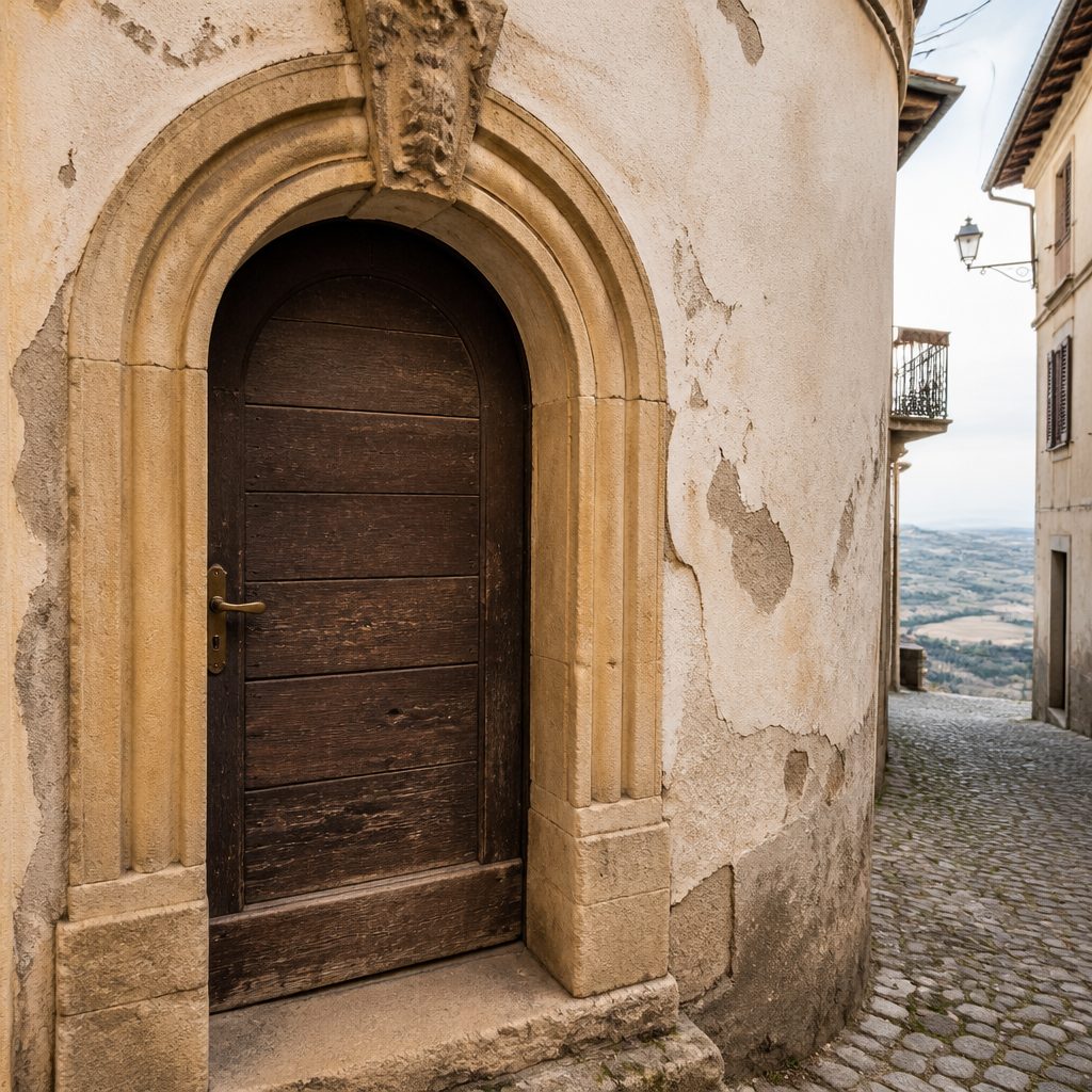 Portale in pietra scolpita con porta in legno consumata in una via di paese, intonaco scrostato