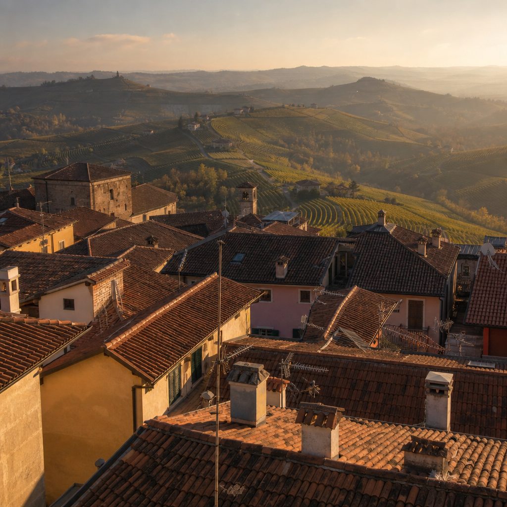 Tetti in coppi di un borgo di collina visti dall'alto nella luce dorata del tardo pomeriggio