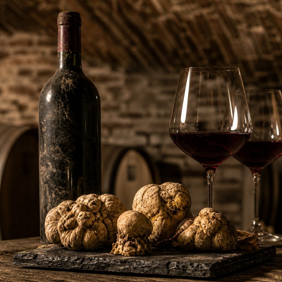 Bottiglia impolverata e calice di vino rosso in una cantina a volte di mattoni
