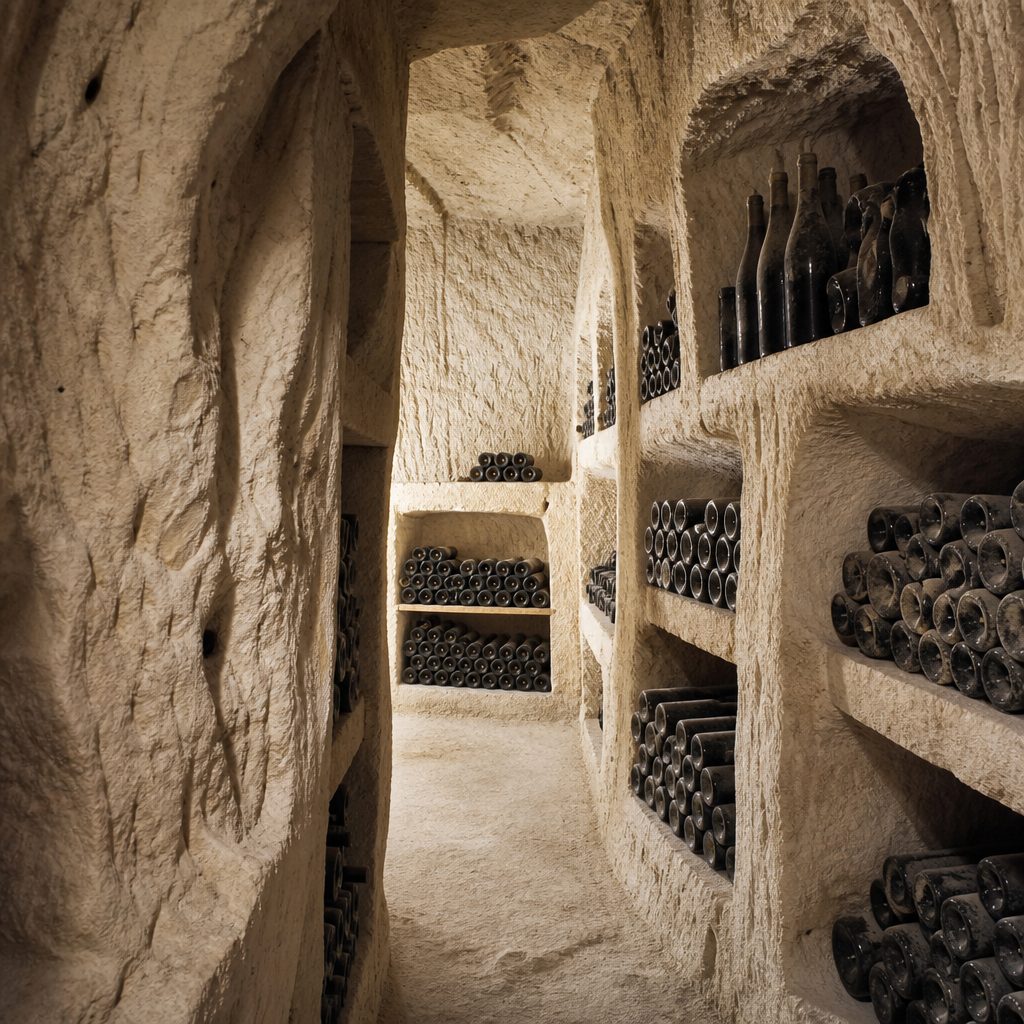 Cantina scavata nella sabbia chiara, con segni degli attrezzi sulle pareti e bottiglie impolverate