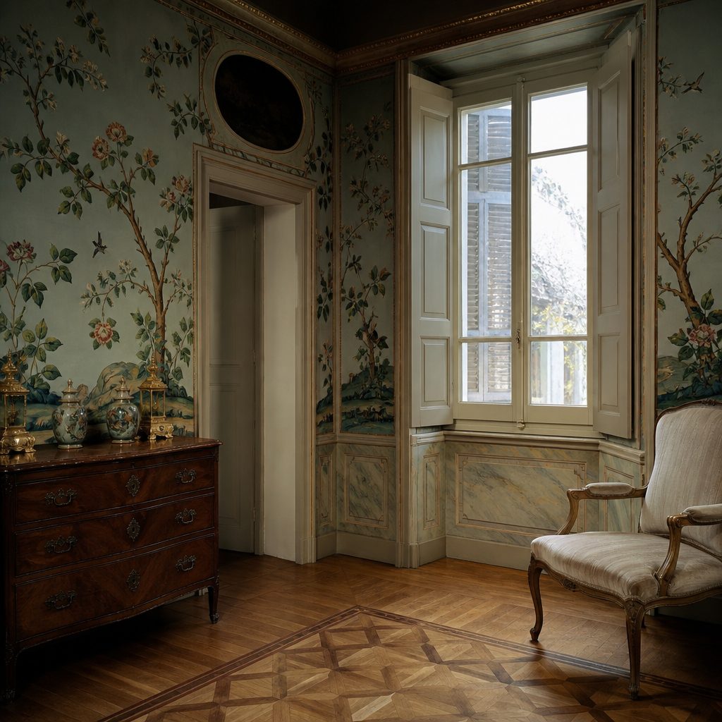 Sala d'epoca con carte da parati dipinte a mano, pavimento in parquet e finestra con persiane