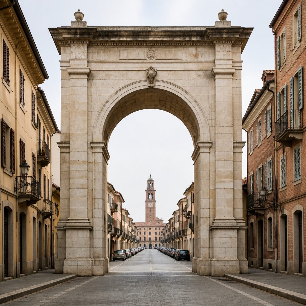 Arco monumentale in pietra che chiude la prospettiva di una via rettilinea, ripreso frontalmente