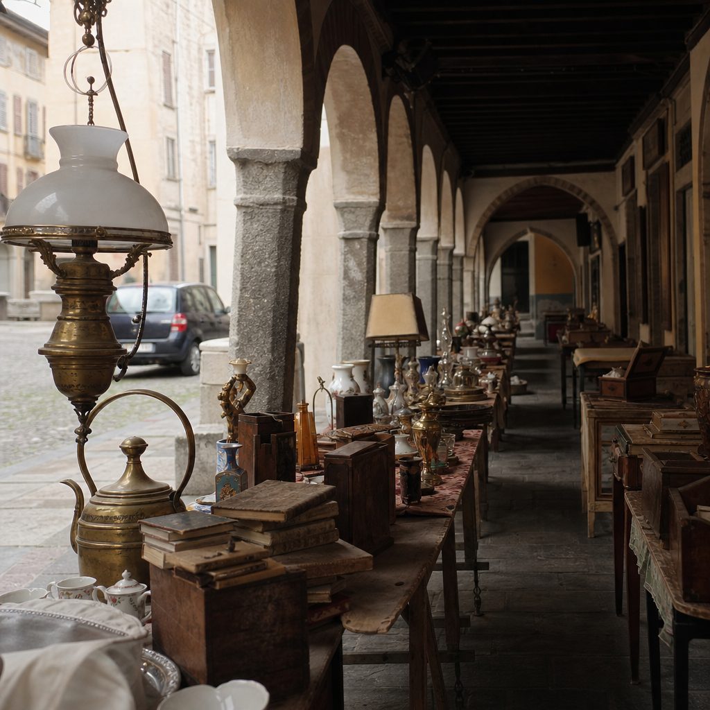 Bancarelle di antiquariato sotto portici in pietra, con lampade di ottone, libri usati e mobili in legno