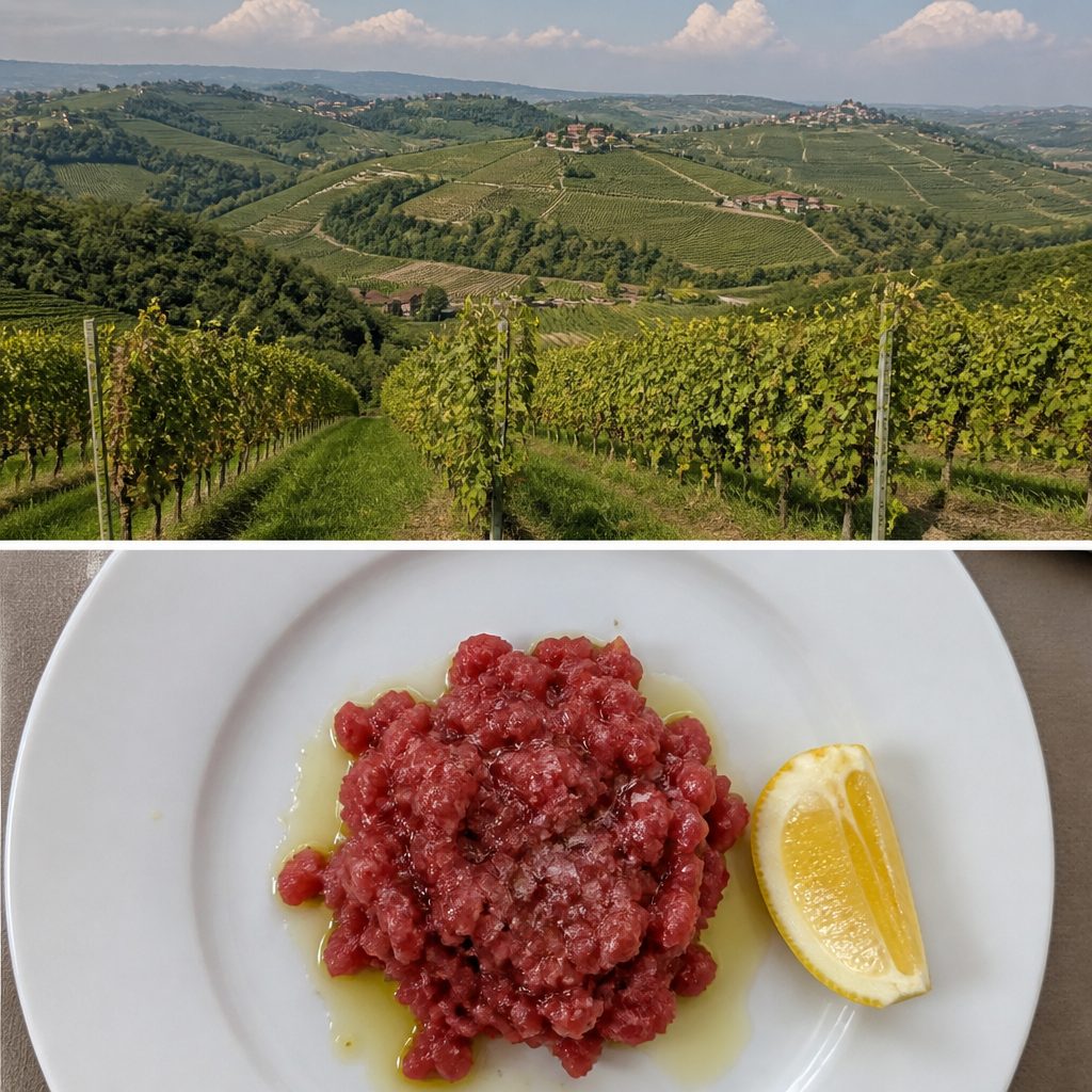 Carne cruda battuta al coltello su un piatto bianco con uno spicchio di limone e olio, ripresa dall'alto
