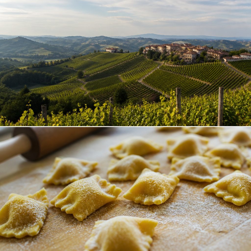 Piccoli ravioli di pasta all'uovo infarinati su un tagliere di legno