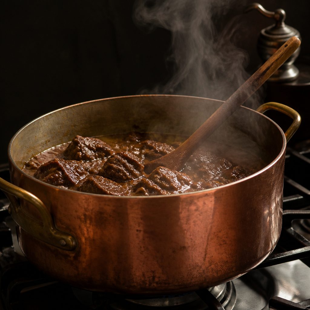 Pentola di rame con carne brasata a fuoco lento sul fornello, vapore che sale