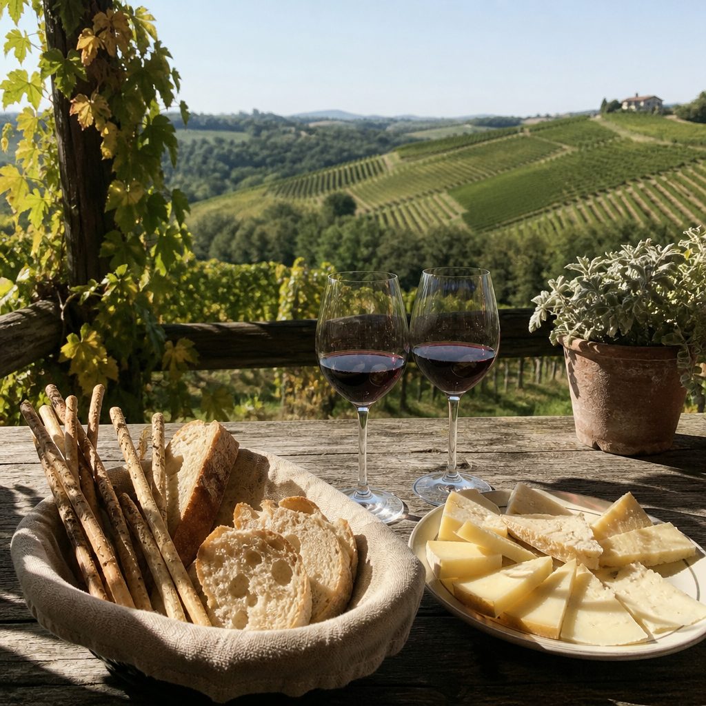 Tavolo rustico con pane, grissini e un piatto di formaggio accanto a due calici