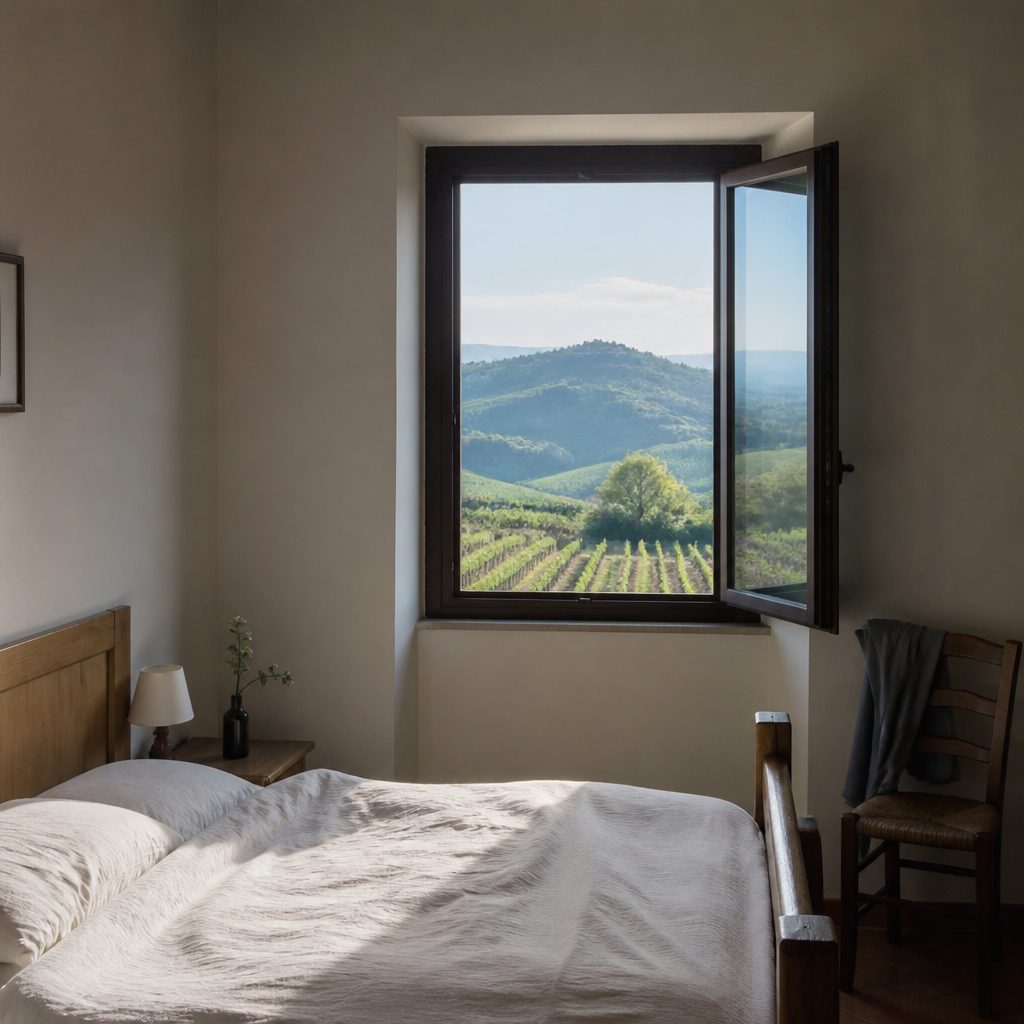 Camera semplice con pareti bianche, letto in legno e finestra che inquadra le colline coltivate