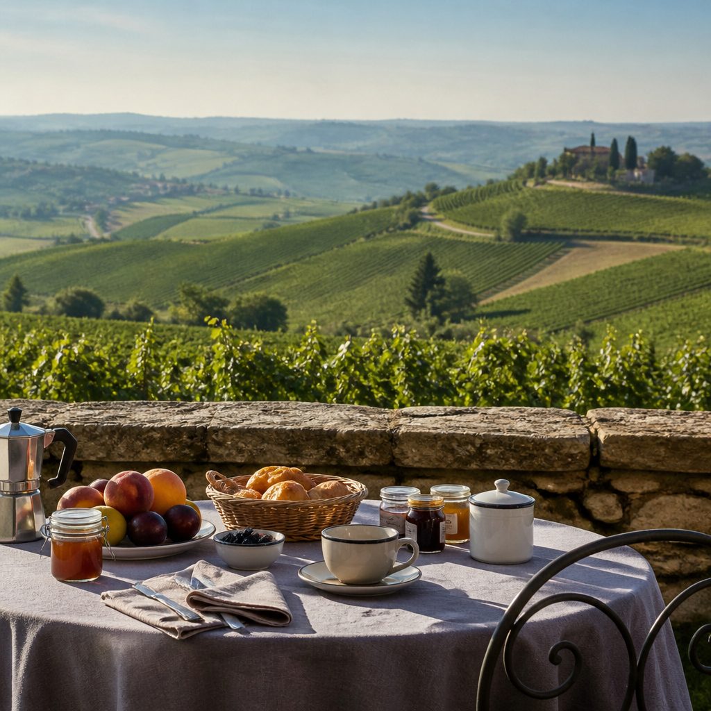 Colazione apparecchiata su un tavolo in terrazza con frutta, vasetti di marmellata e caffettiera