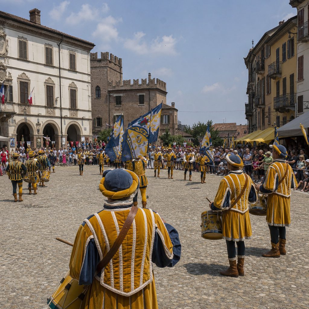 Corteo storico con figuranti in costume e tamburi in una piazza cittadina
