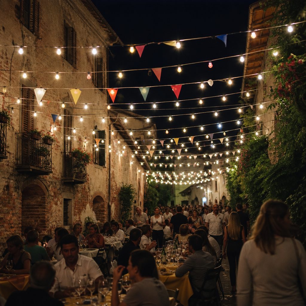 Luci e bandierine sopra una via di paese di notte durante una festa estiva