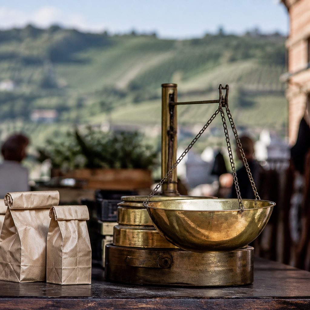 Piccola bilancia a bracci in ottone su un bancone di mercato accanto a sacchetti di carta