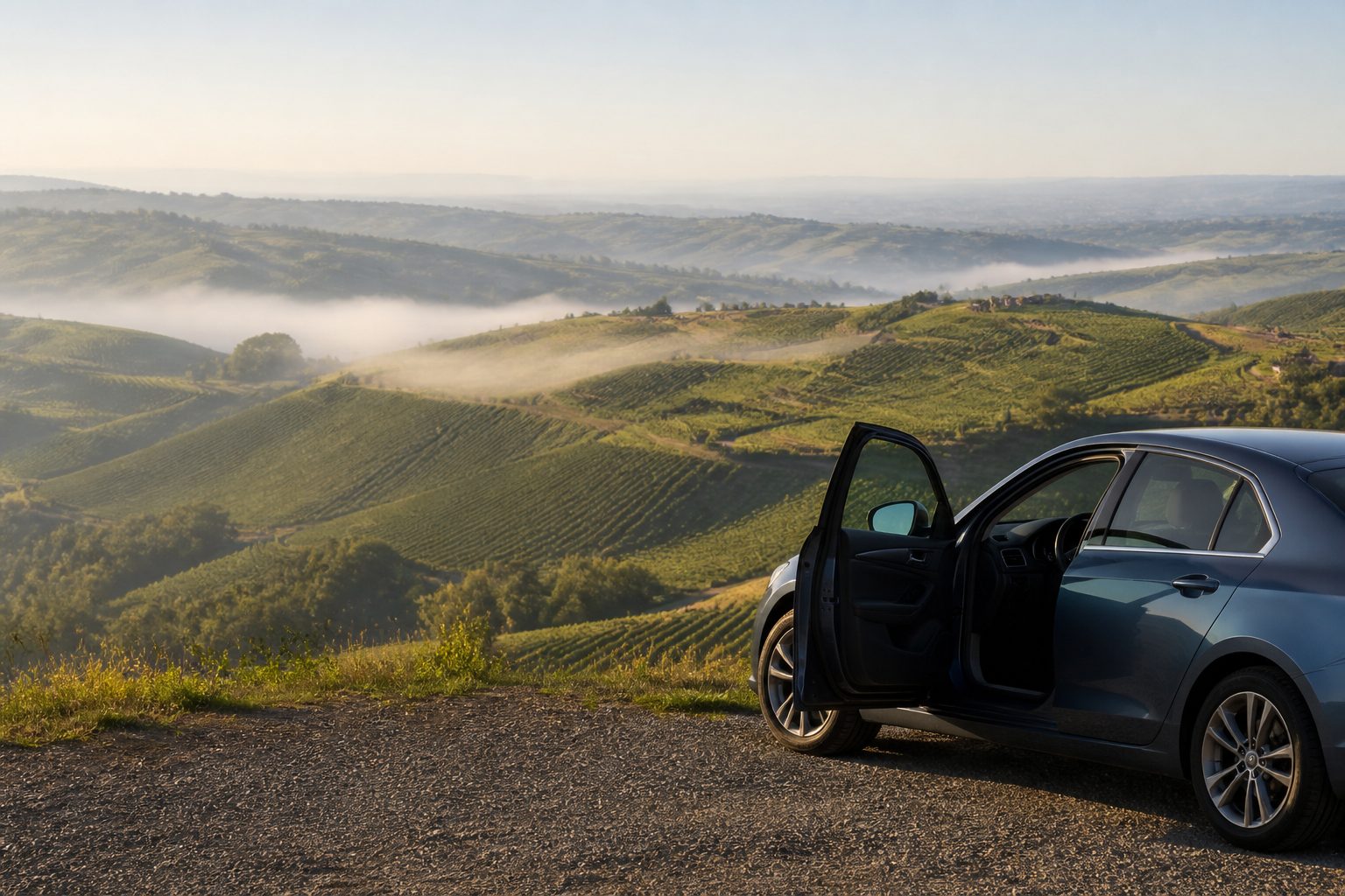 Auto parcheggiata su una piazzola di ghiaia affacciata sulle colline coltivate, portiera aperta, luce del primo mattino