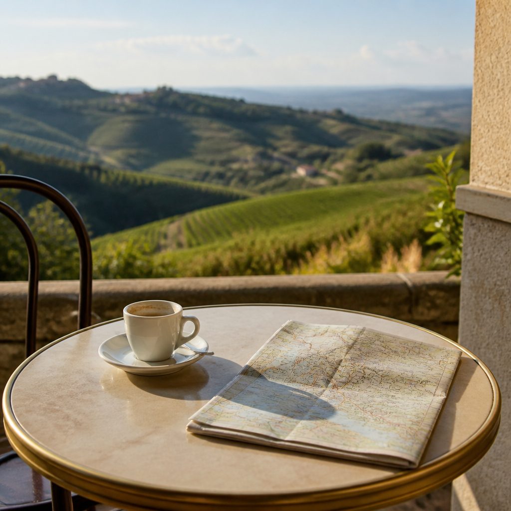 Tavolino di un bar con una tazzina di espresso e una mappa di carta piegata, sole del mattino