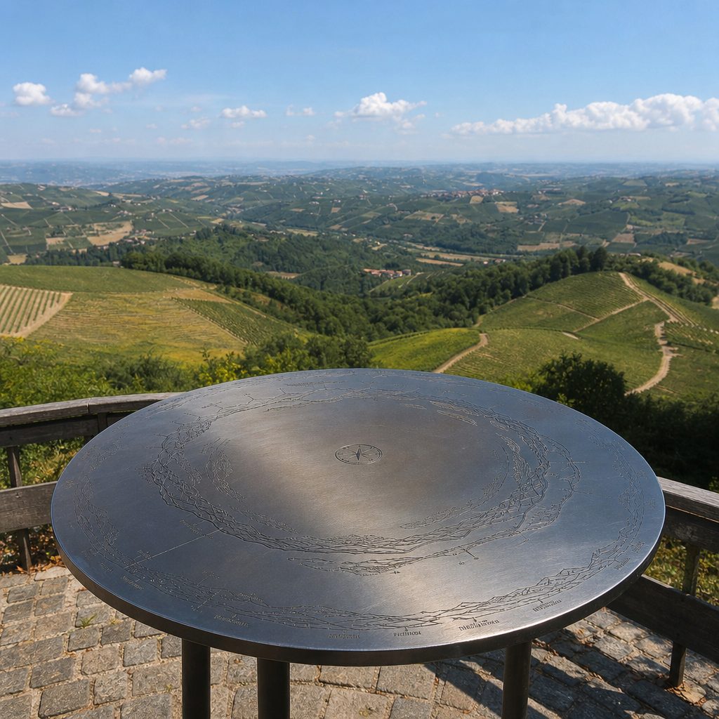 Punto panoramico con tavola di orientamento in metallo che indica le colline circostanti