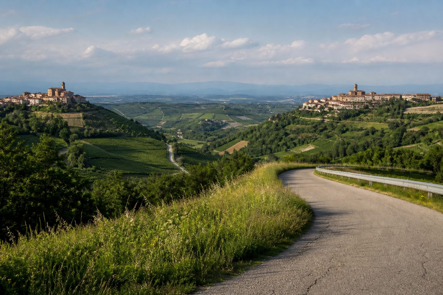 Due borghi di collina visibili insieme da una strada di crinale, uno per lato della valle, luce del pomeriggio