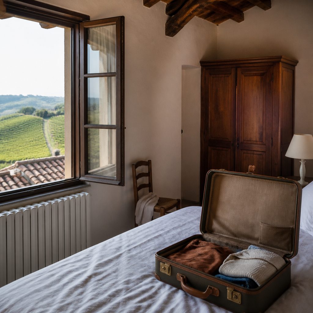 Valigia aperta su un letto in una camera rustica con travi di legno e finestra affacciata sui vigneti
