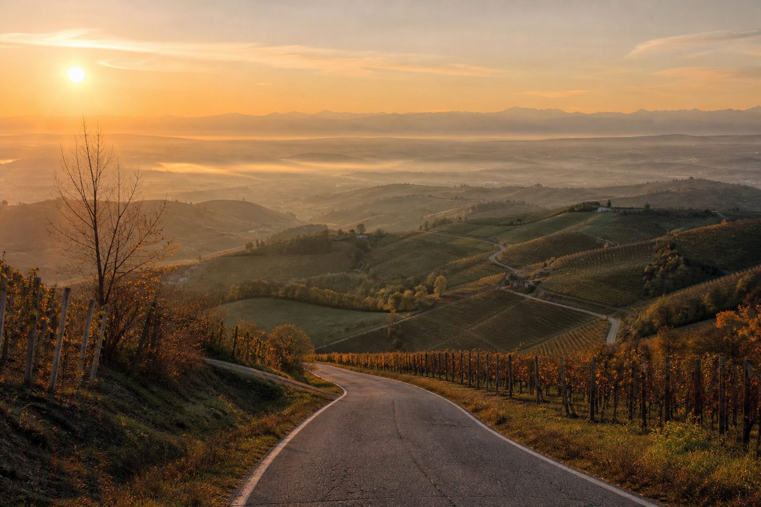 Strada lunga e deserta che scende dalle colline verso la pianura all'alba, con foschia in lontananza