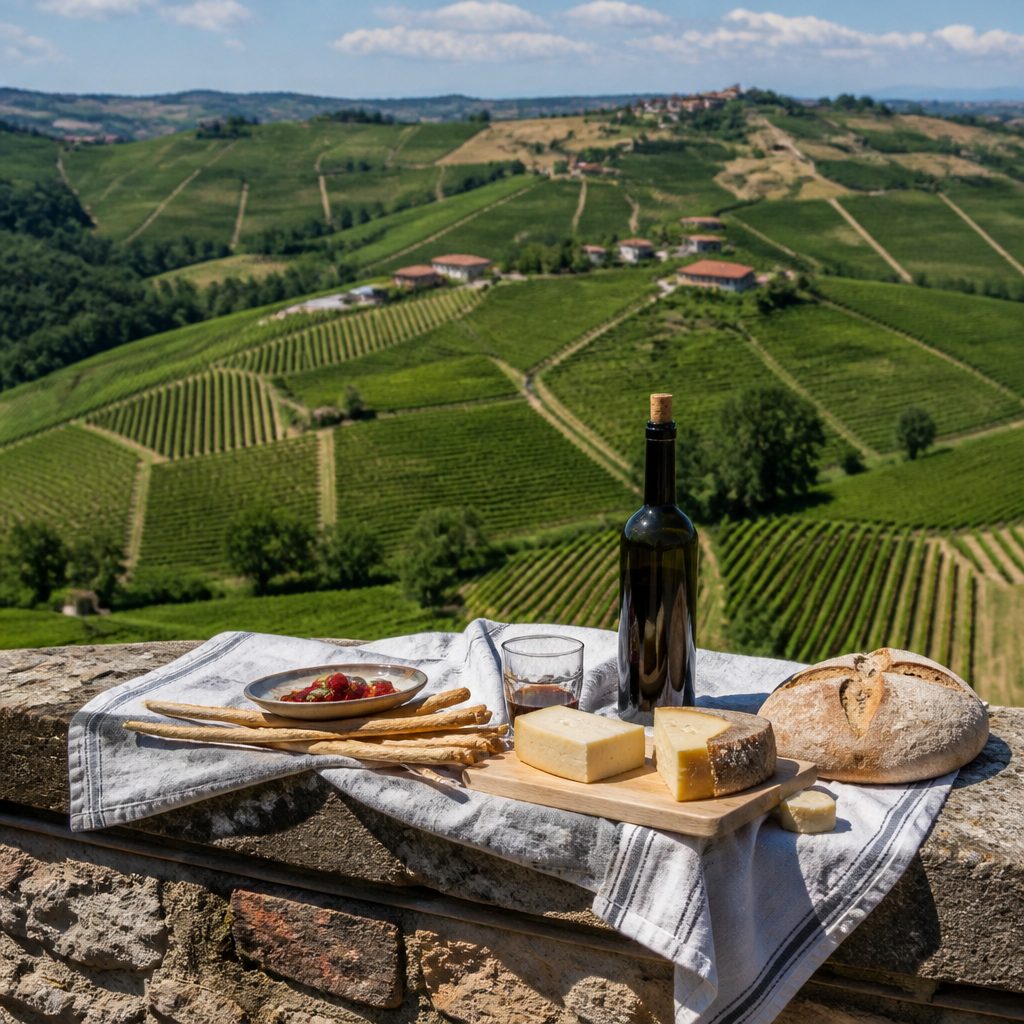 Picnic apparecchiato su un muretto di pietra con formaggio, pane e una bottiglia
