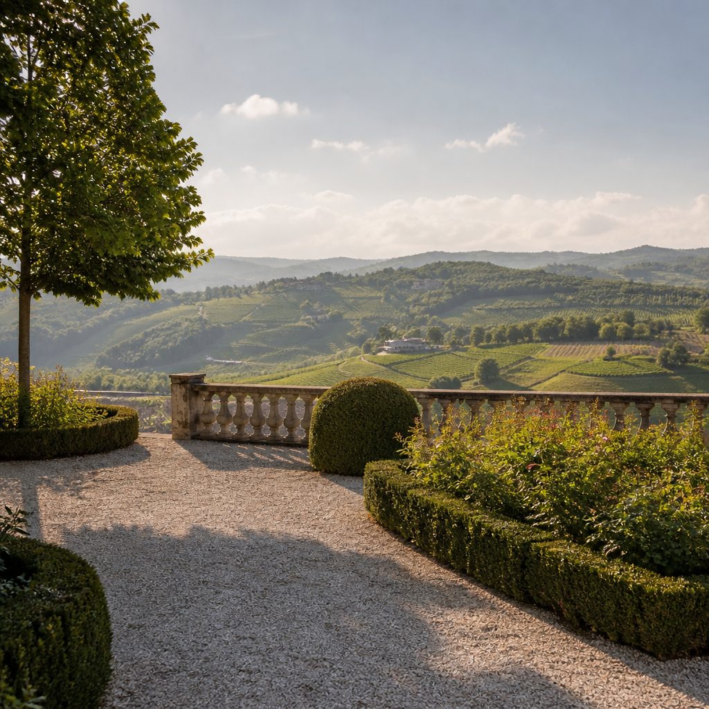 Giardino formale con siepi potate e balaustra bassa affacciata sulla valle