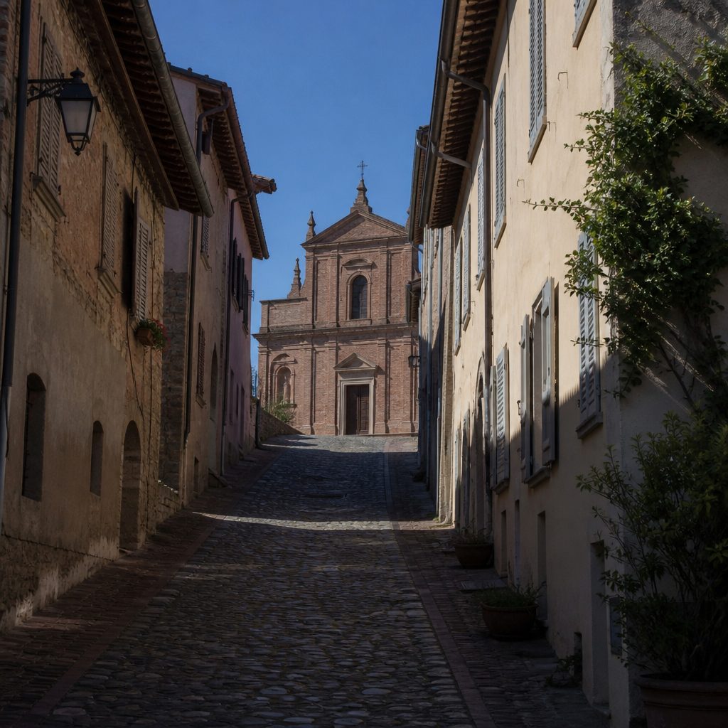 Vicolo acciottolato in ripida salita fra case antiche verso la facciata di una chiesa