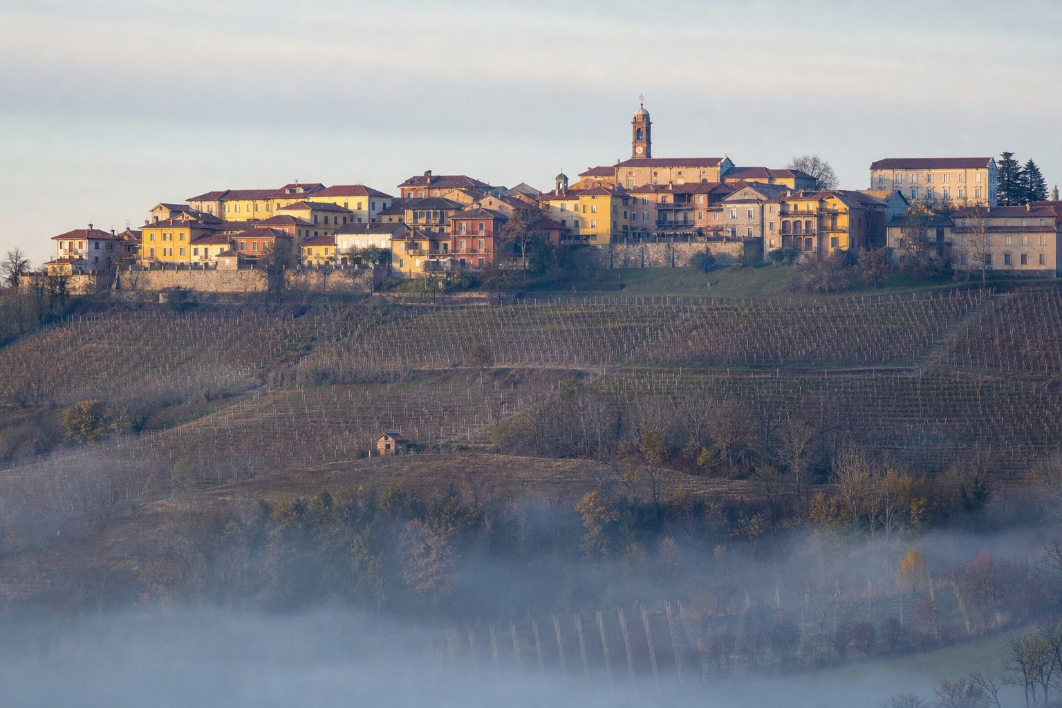 Borgo di collina nel Roero all'alba, con case chiare e campanile sul crinale e vigneti sui pendii