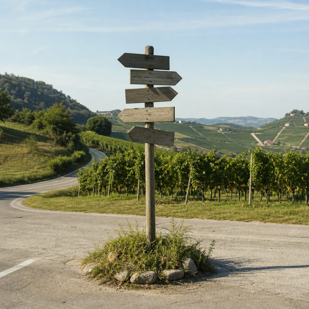 Palo indicatore a un incrocio di campagna con più frecce direzionali in legno e vigneti alle spalle