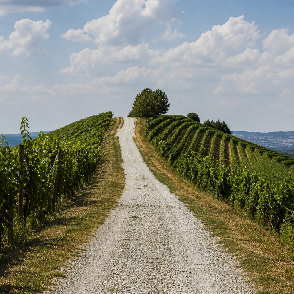 Strada bianca che corre lungo un crinale fra due versanti coltivati a vigneto, ripresa dal basso