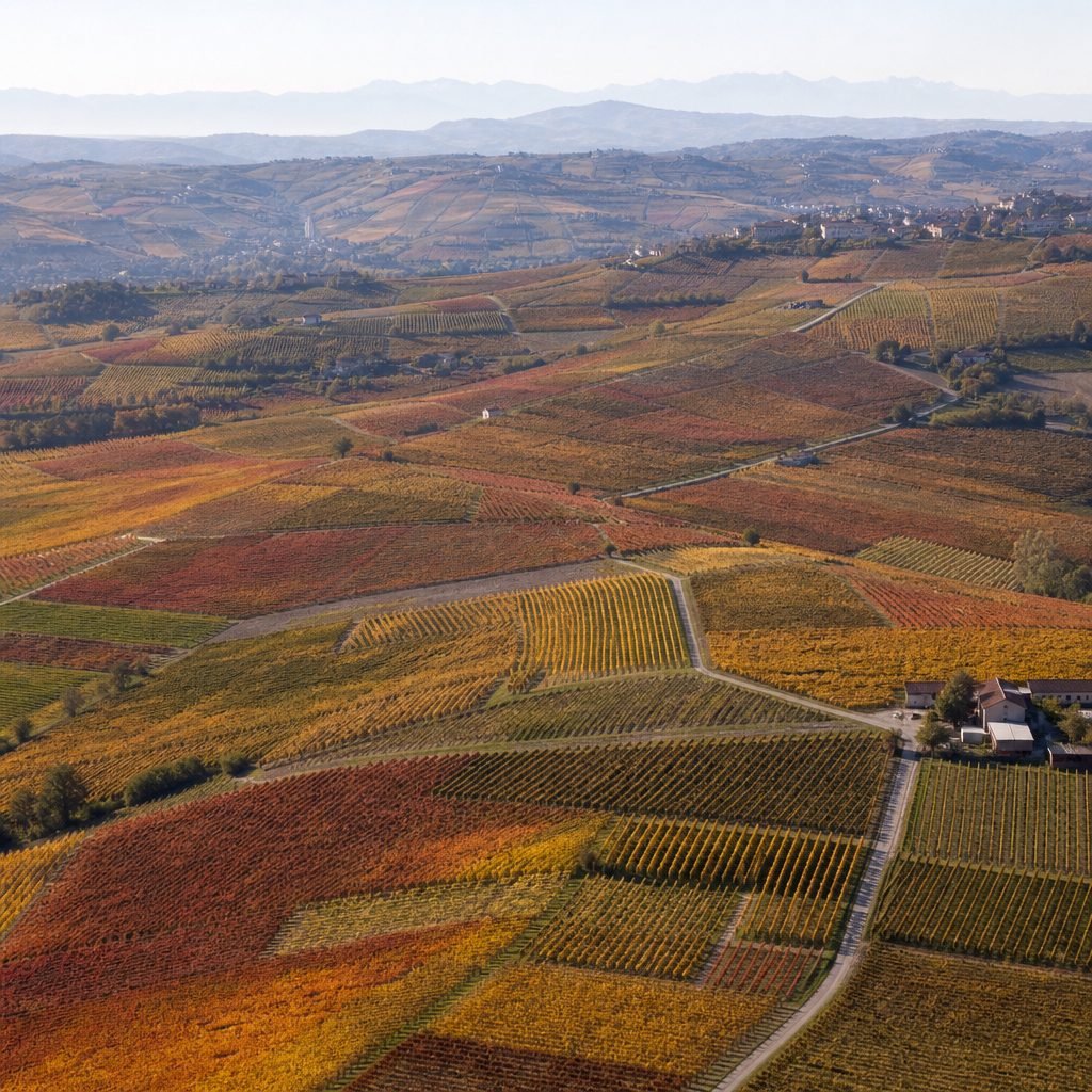 Mosaico di parcelle di vigneto viste da un belvedere in autunno, ciascuna di una tonalità diversa