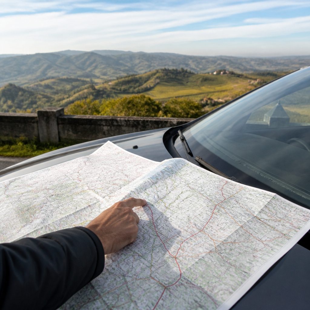 Carta stradale aperta sul cofano di un'auto con una mano che segue un percorso