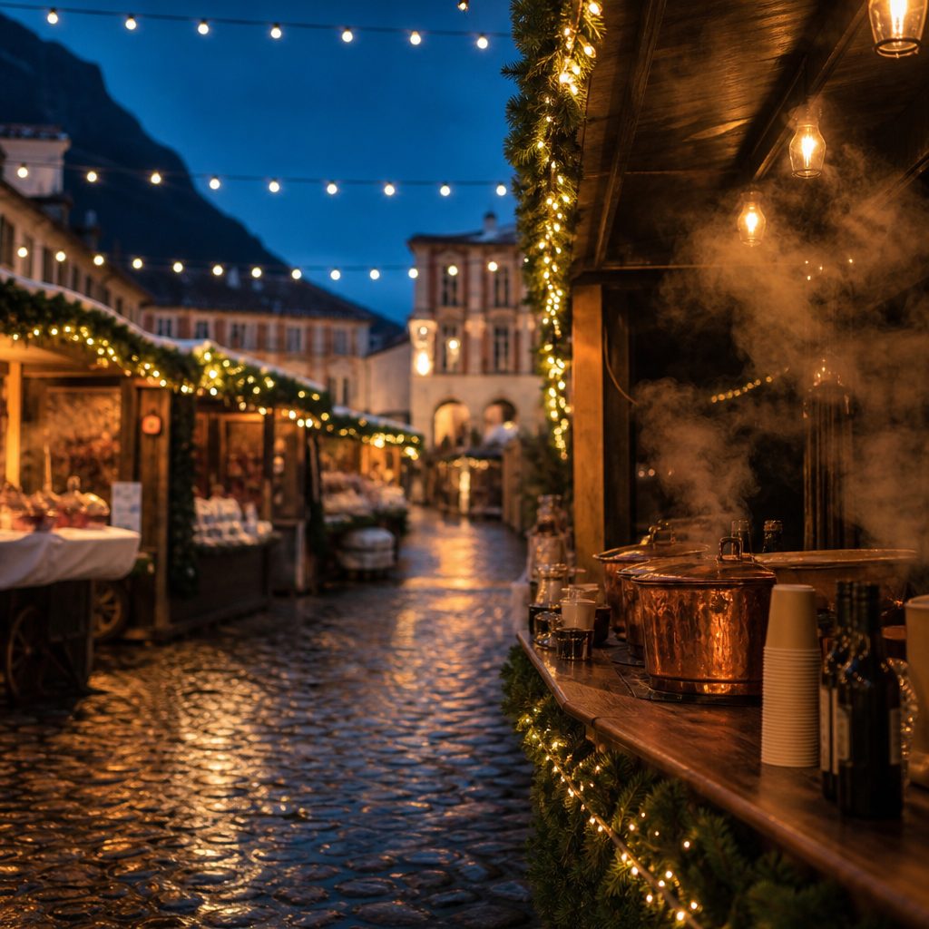 Bancarelle di legno di un mercatino di Natale al crepuscolo, con luci calde sospese e ciottolato bagnato