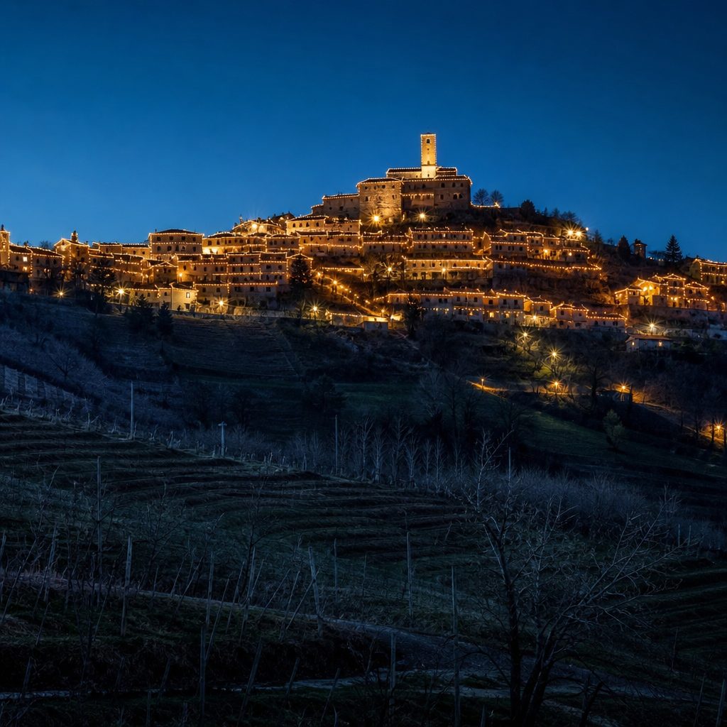 Paese di collina illuminato dalle luci natalizie visto dal basso di notte