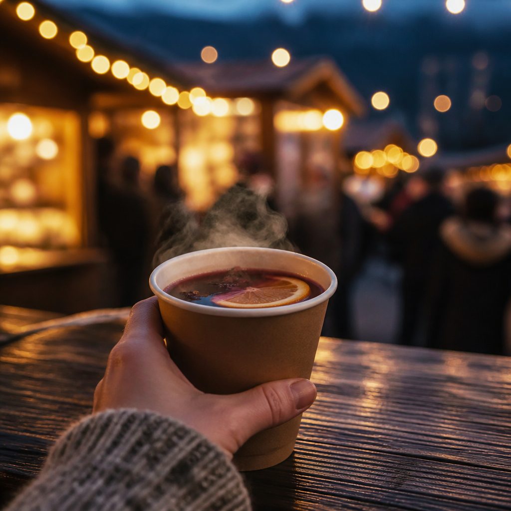 Tazza di vin brulè fumante su un bancone di legno con luci sfocate alle spalle
