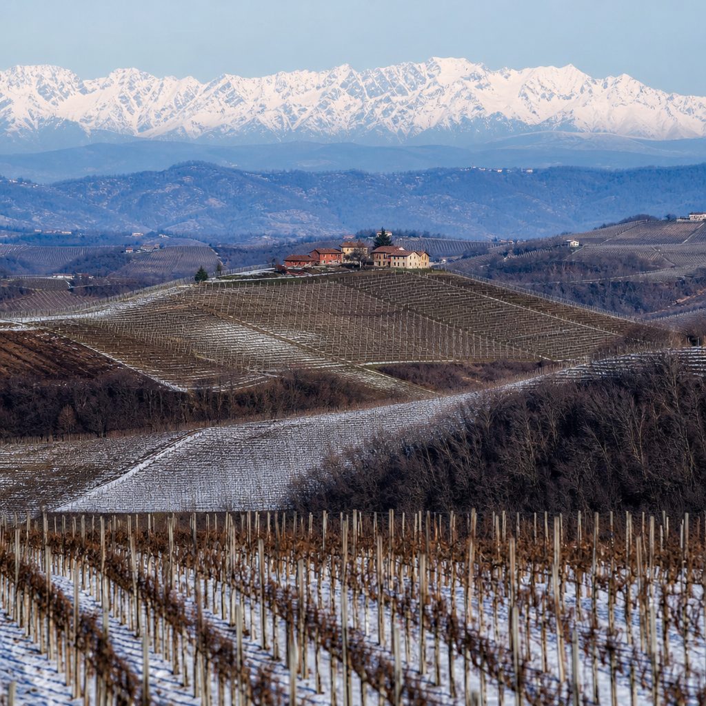 Arco alpino innevato visibile oltre le colline in una giornata invernale limpida, prospettiva compressa