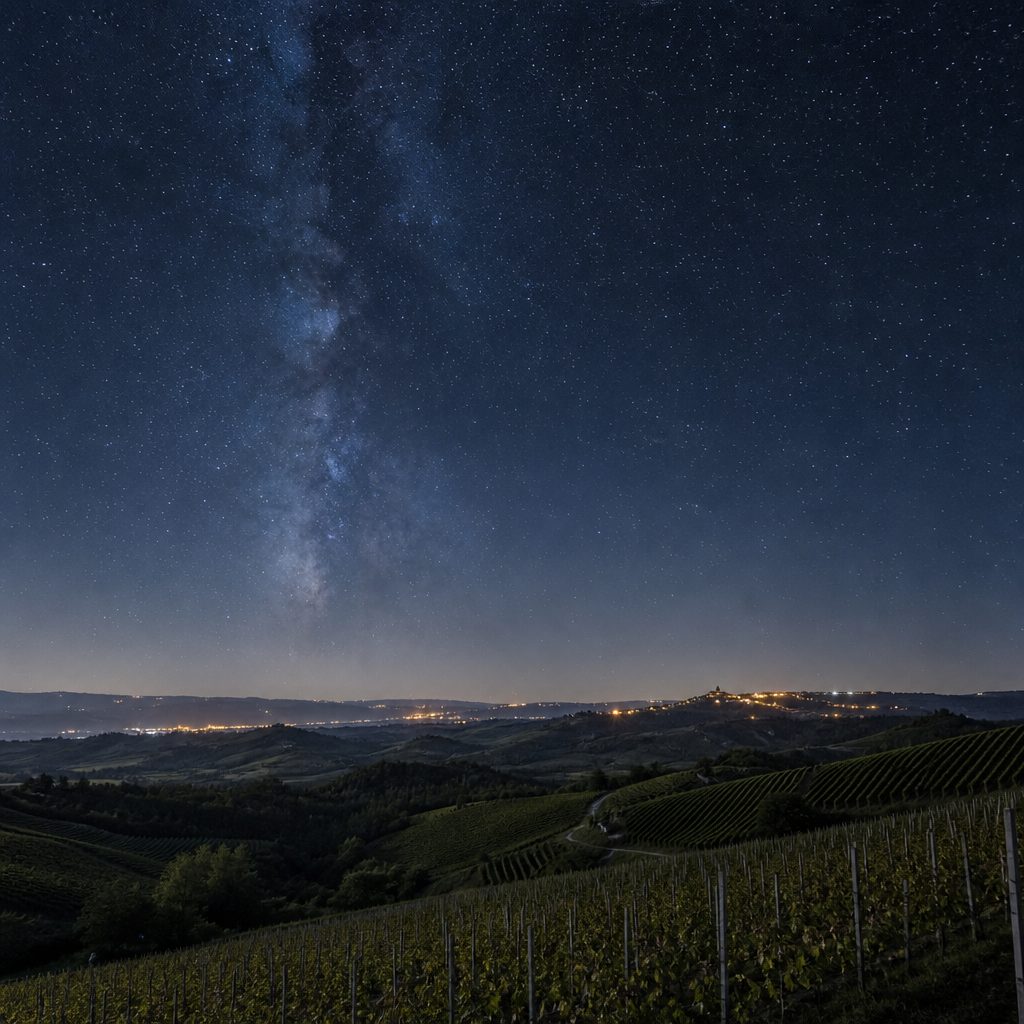 Cielo notturno sopra colline scure coltivate a vigneto, con deboli luci di paese su un crinale lontano