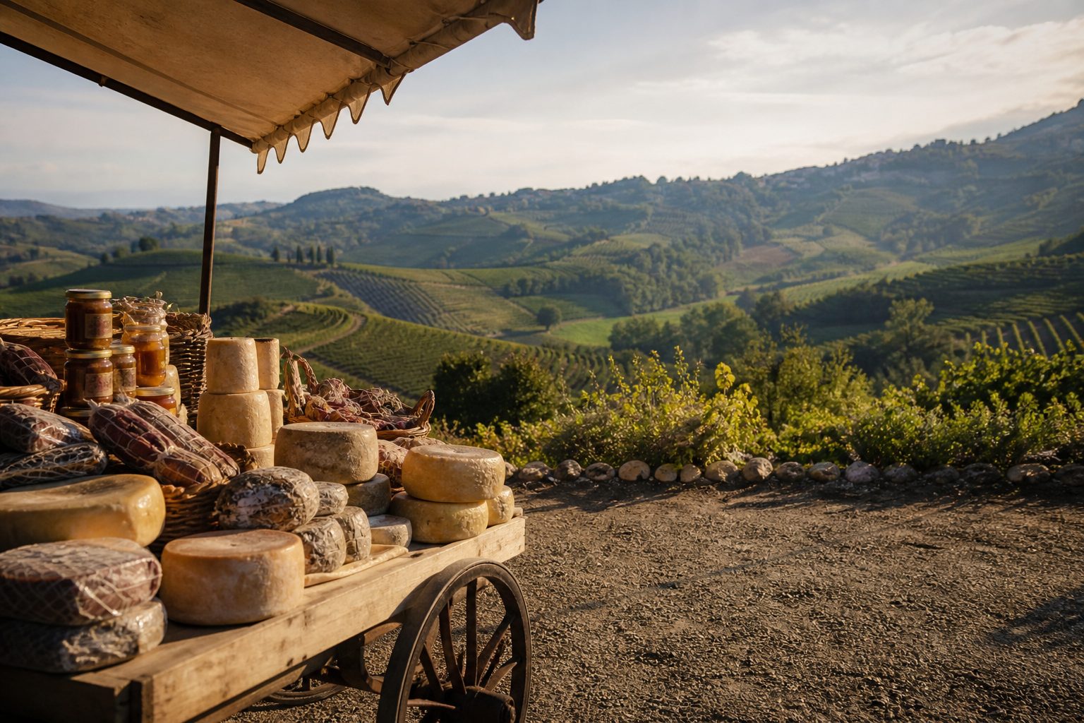 Banco di mercato con forme di formaggio, salumi stagionati e vasetti di miele sotto un telo da sole