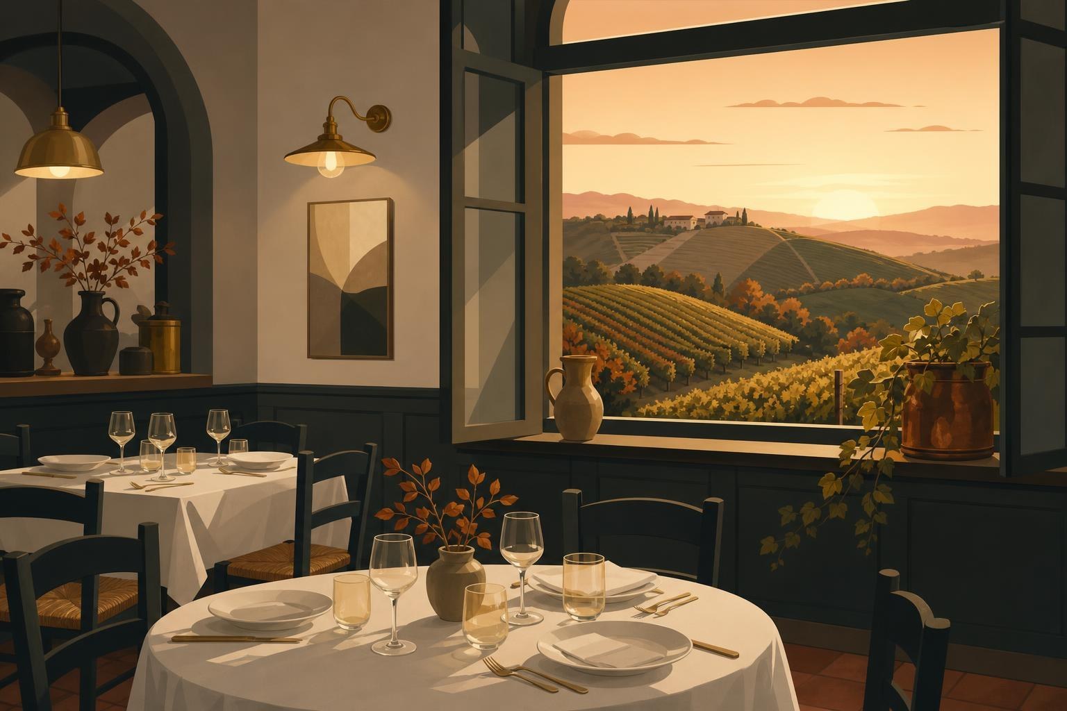 Sala di una trattoria di paese al tramonto, tavoli apparecchiati con tovaglie bianche e una finestra sulle colline coltivate a vigna