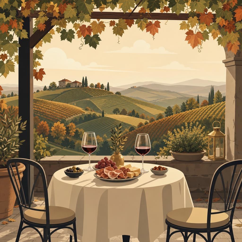 Tavolo per due in un dehors sotto un pergolato, calici di vino rosso e piattini di antipasto, colline sullo sfondo