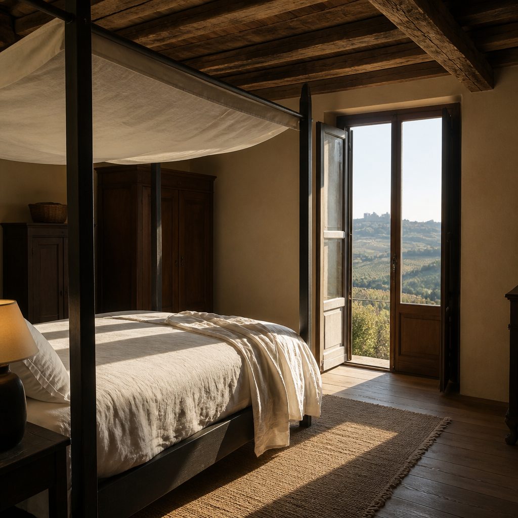 Camera con letto a baldacchino in una cascina restaurata, travi a vista e luce del mattino dalle persiane